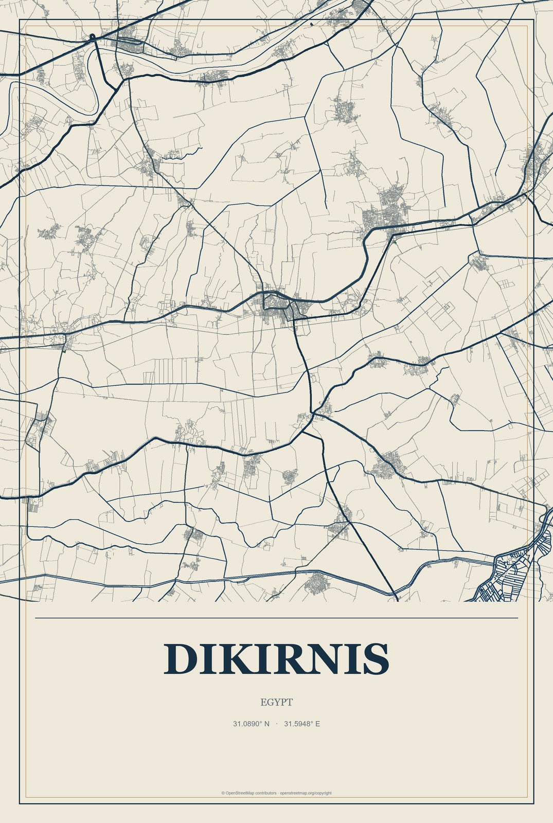 Dikirnis, Egypt City Map Aluminum Sign in Coastal Cutout style