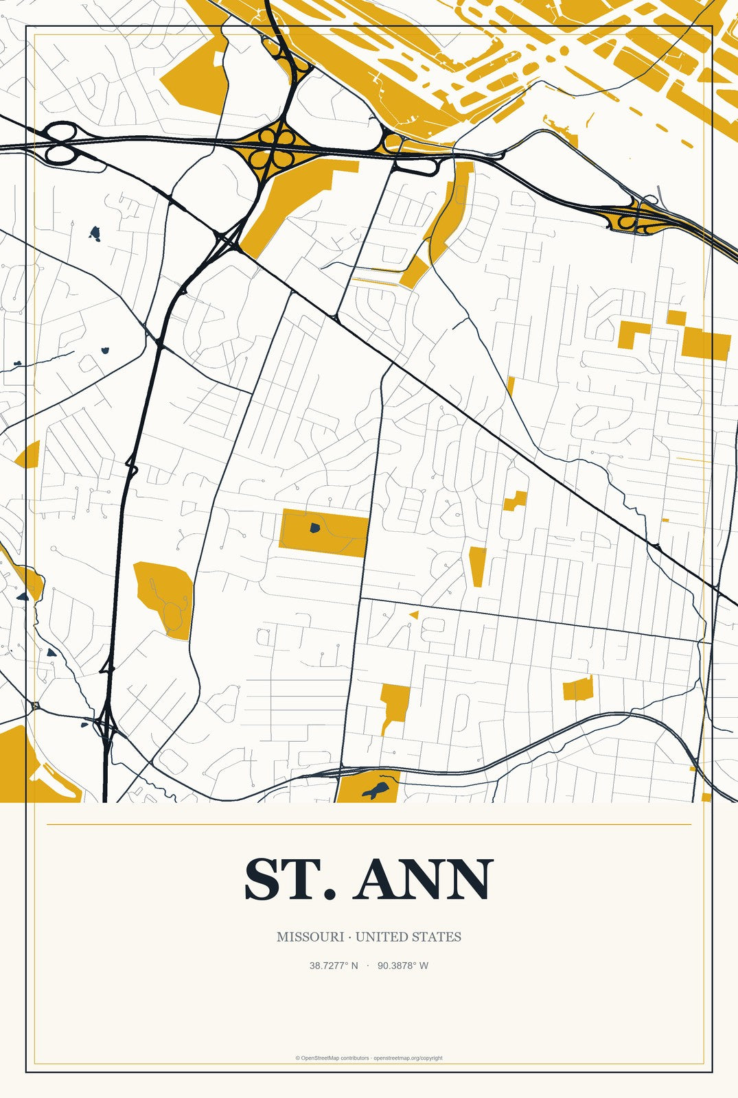 St. Ann, Missouri City Map Aluminum Sign in Citrine Modern style