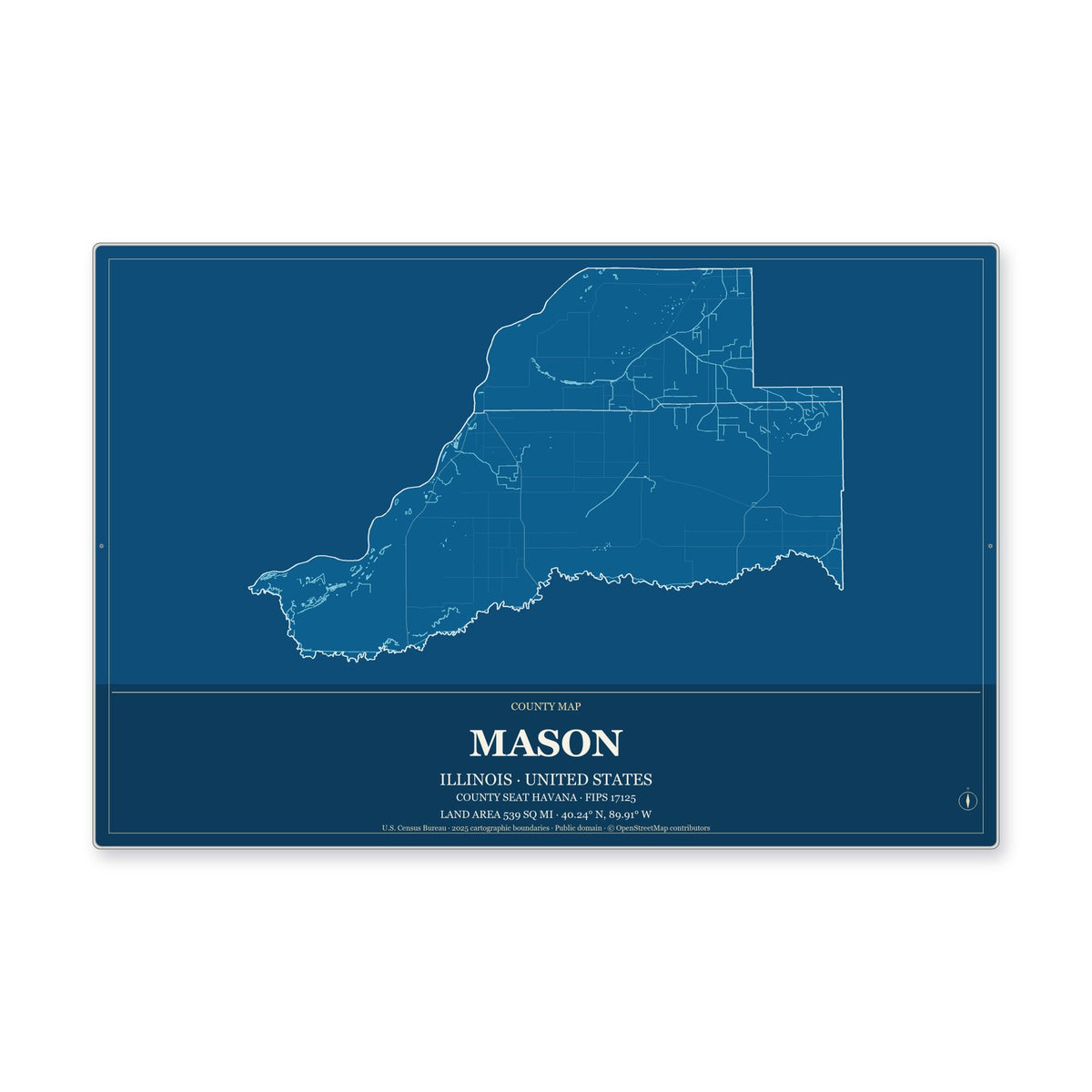 Mason County, Illinois Map Aluminum Sign in Harbor Cobalt style
