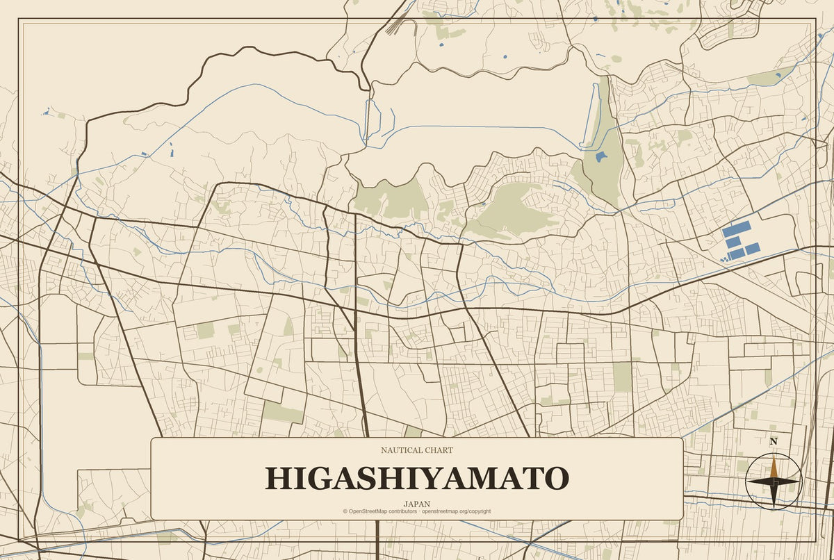 Higashiyamato, Japan City Map Aluminum Sign in Heritage Nautical style