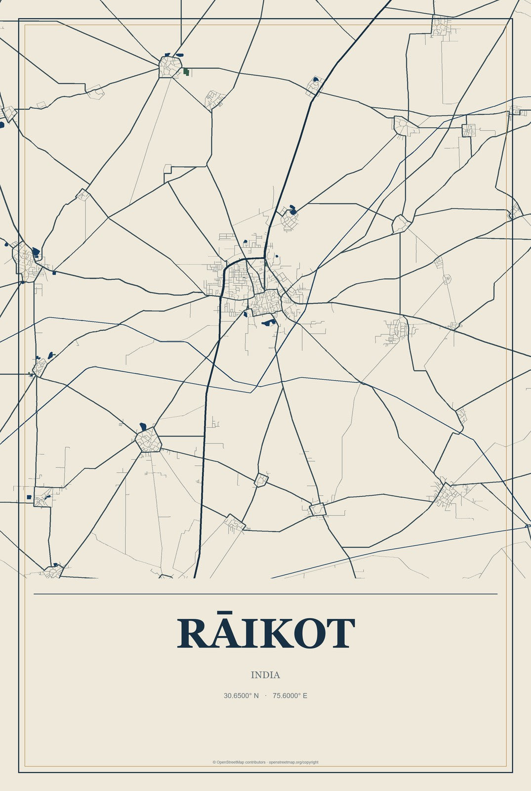 Rāikot, India City Map Aluminum Sign in Coastal Cutout style