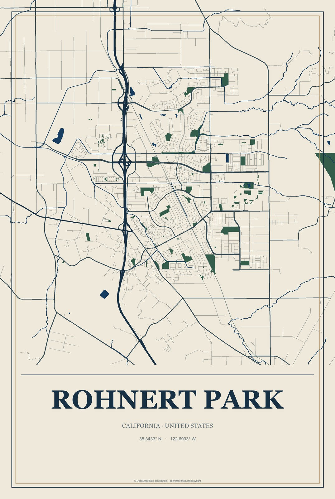 Rohnert Park, California City Map Aluminum Sign in Coastal Cutout style