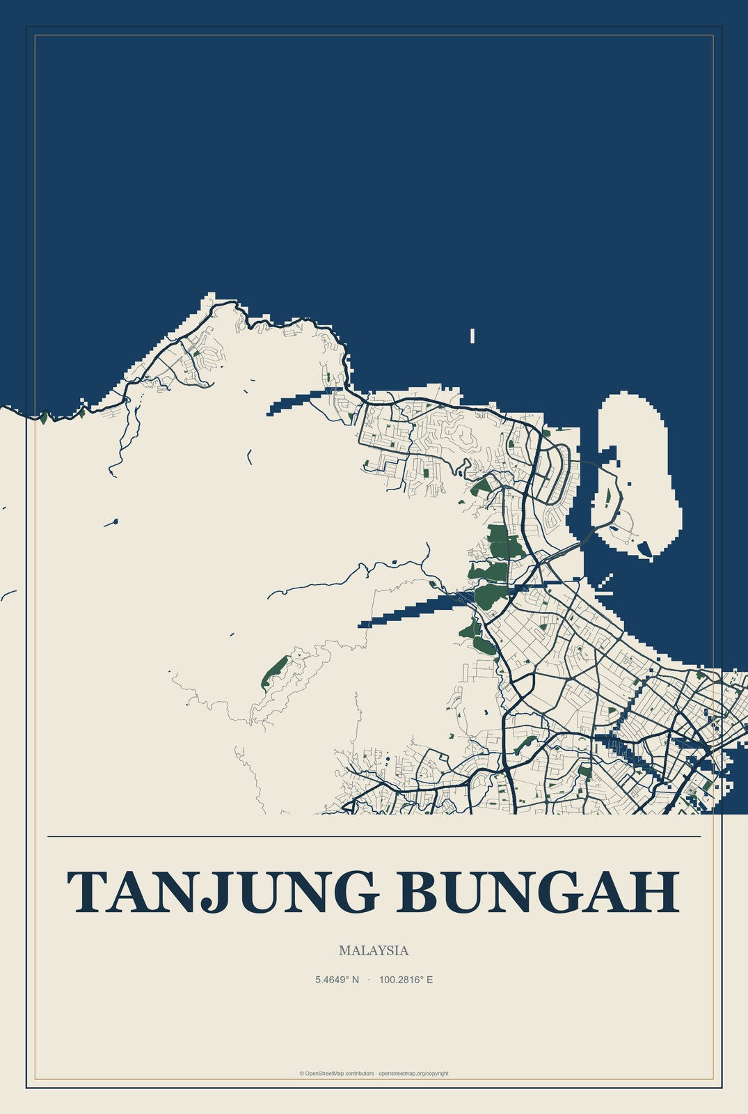 Tanjung Bungah, Malaysia City Map Aluminum Sign in Coastal Cutout style