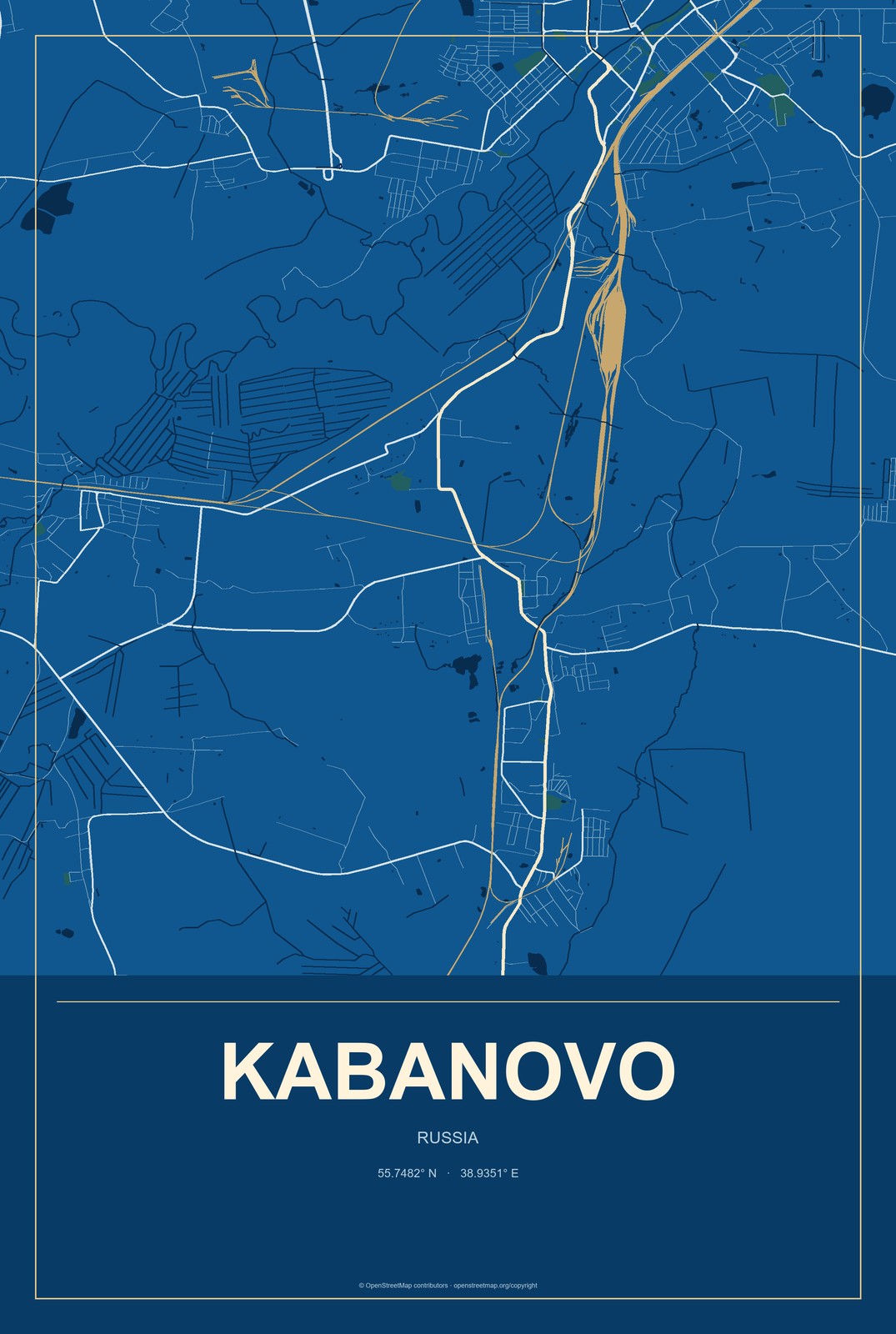 Kabanovo, Russia City Map Aluminum Sign in Harbor Cobalt style