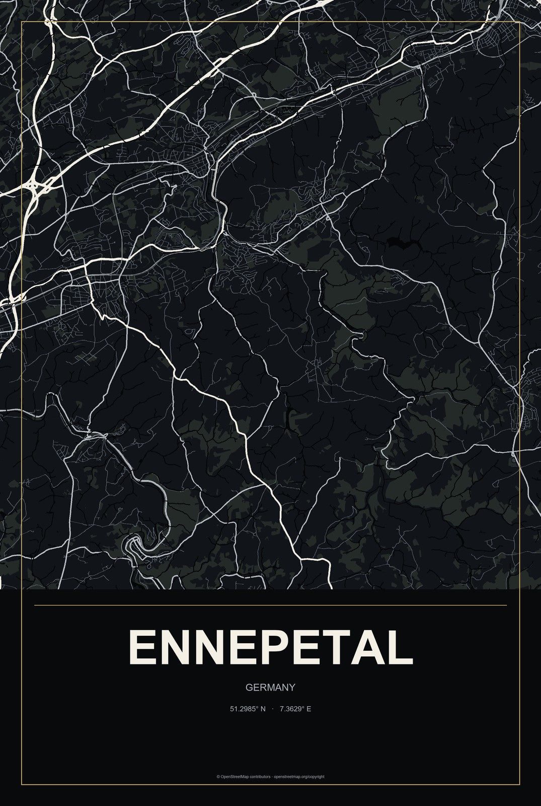 Ennepetal, Germany City Map Aluminum Sign in Metropolitan Noir style