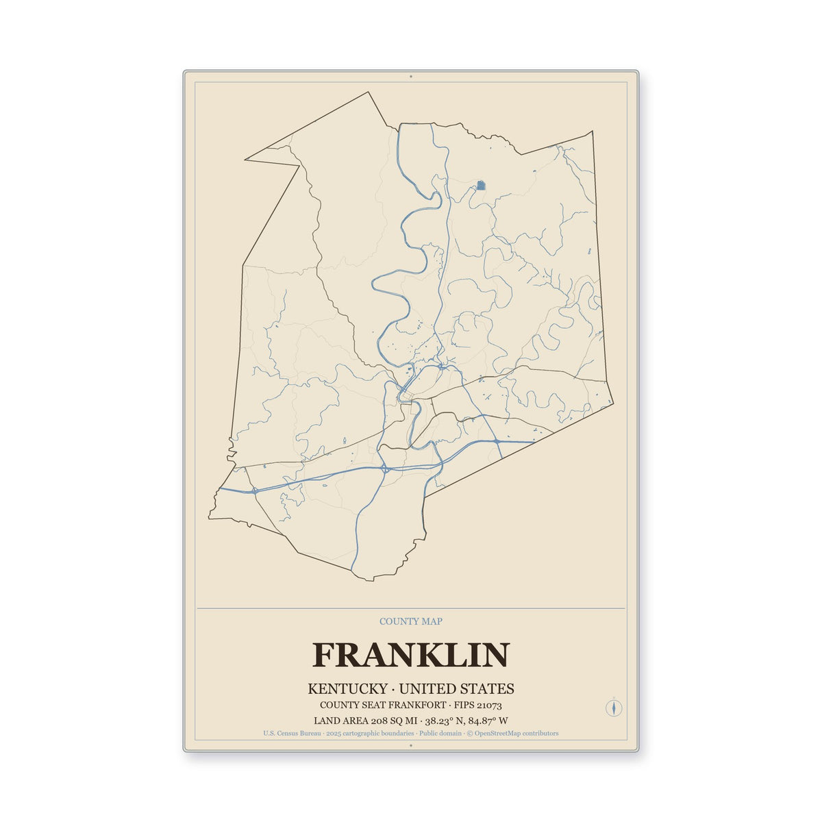 Franklin County, Kentucky Map Aluminum Sign in Heritage Nautical style