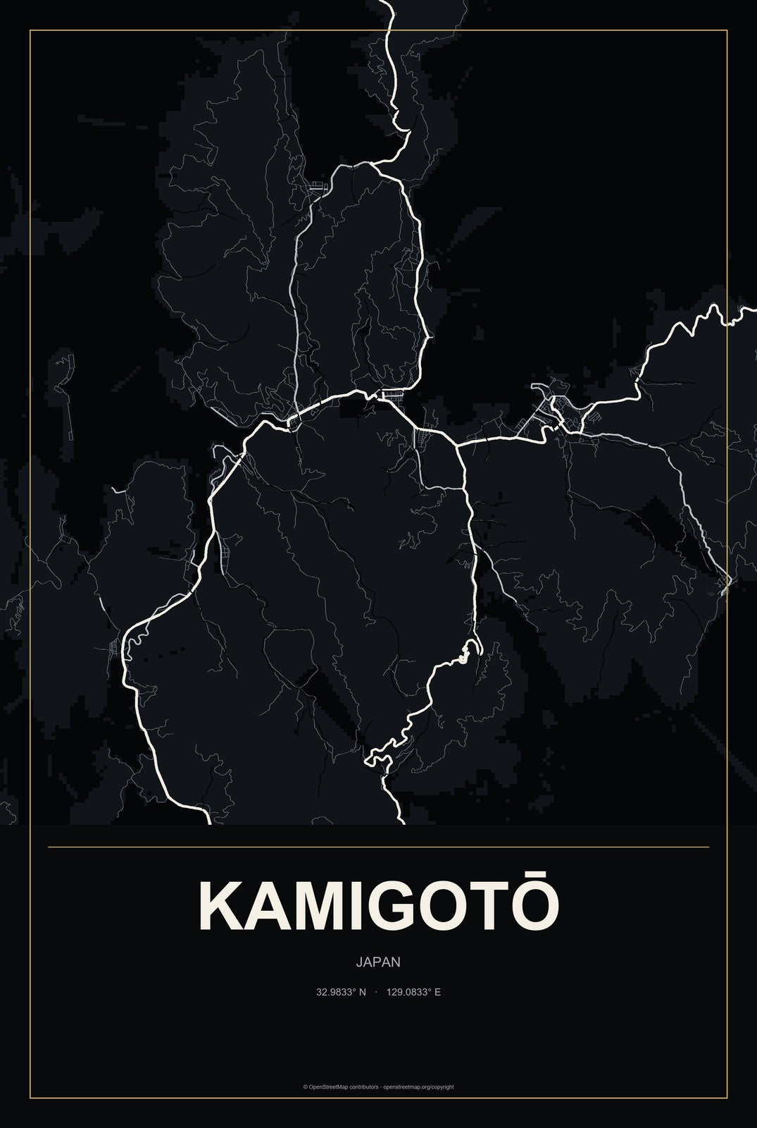 Kamigotō, Japan City Map Aluminum Sign in Metropolitan Noir style