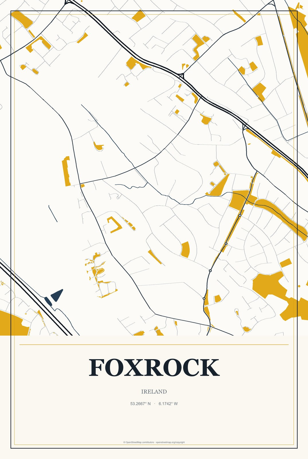 Foxrock, Ireland City Map Aluminum Sign in Citrine Modern style