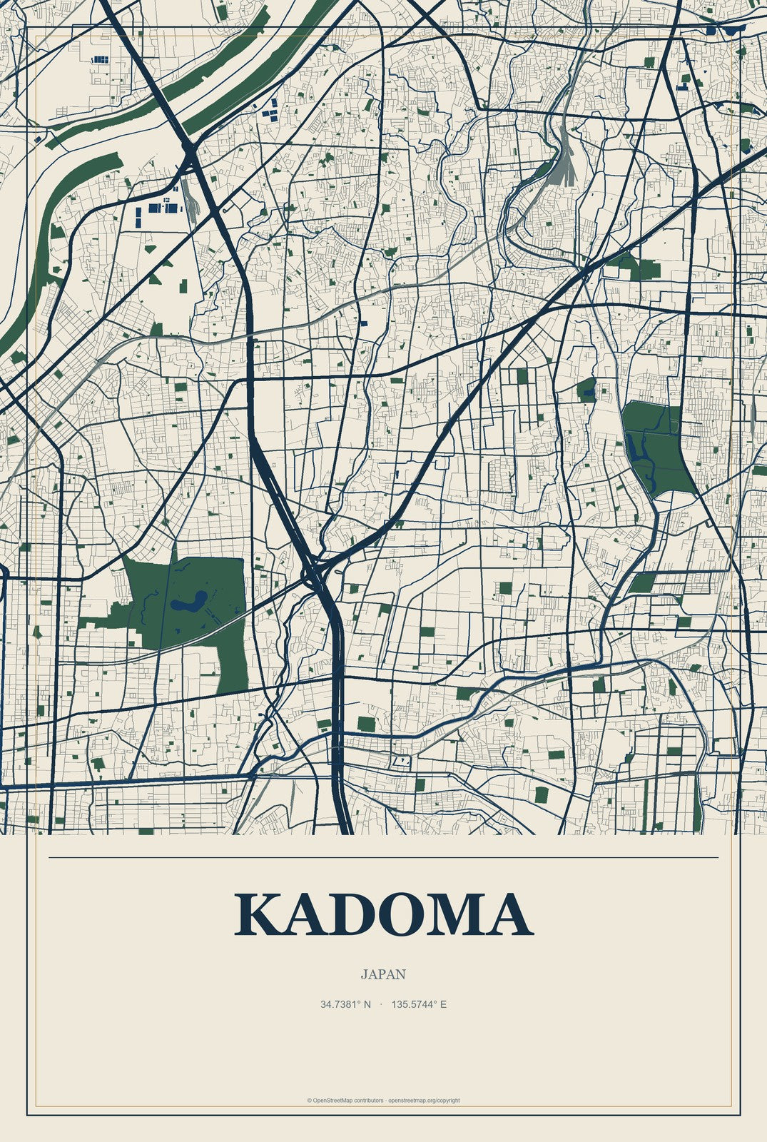 Kadoma, Japan City Map Aluminum Sign in Coastal Cutout style