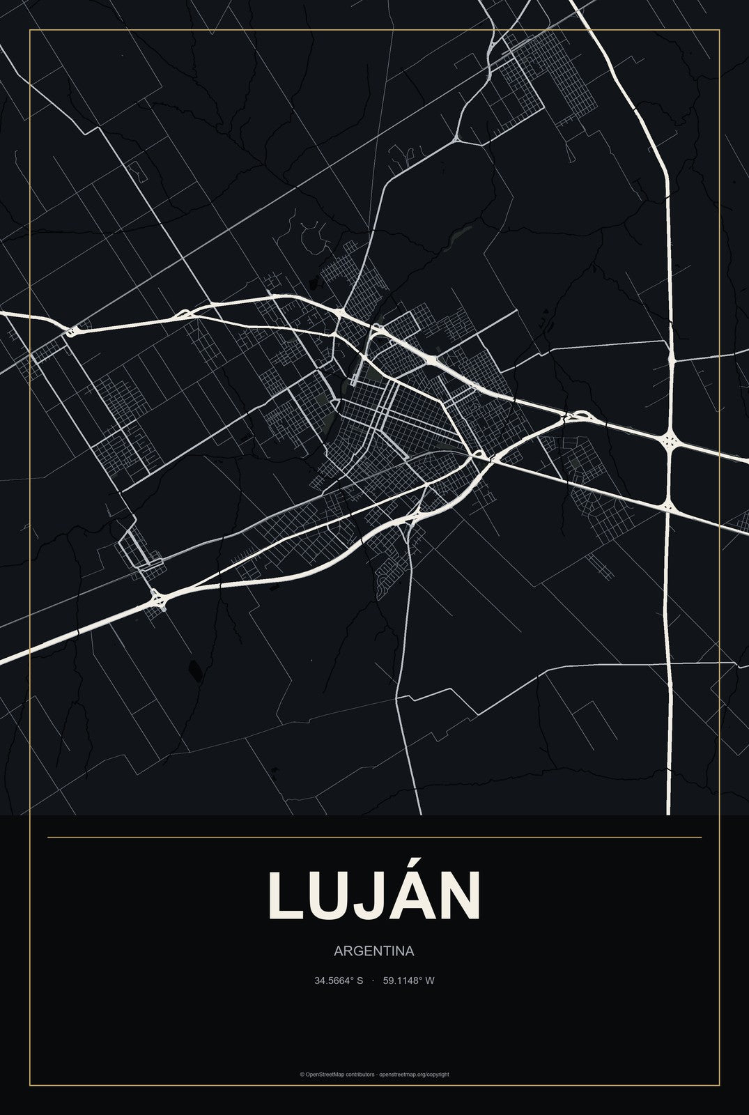 Luján, Argentina City Map Aluminum Sign in Metropolitan Noir style