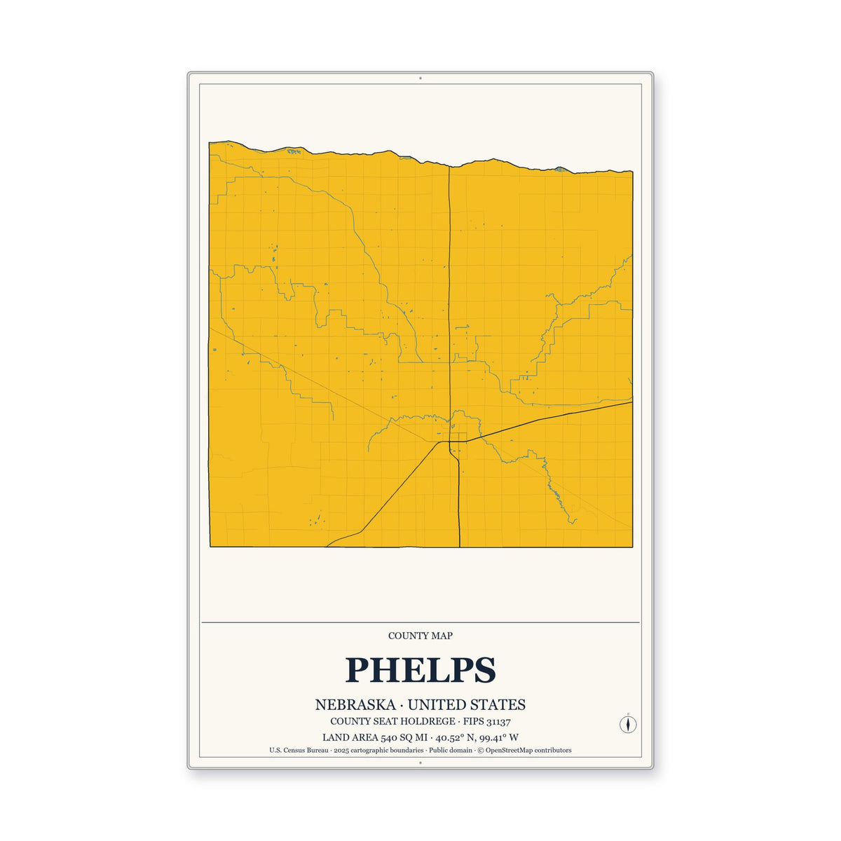 Phelps County, Nebraska Map Aluminum Sign in Citrine Modern style