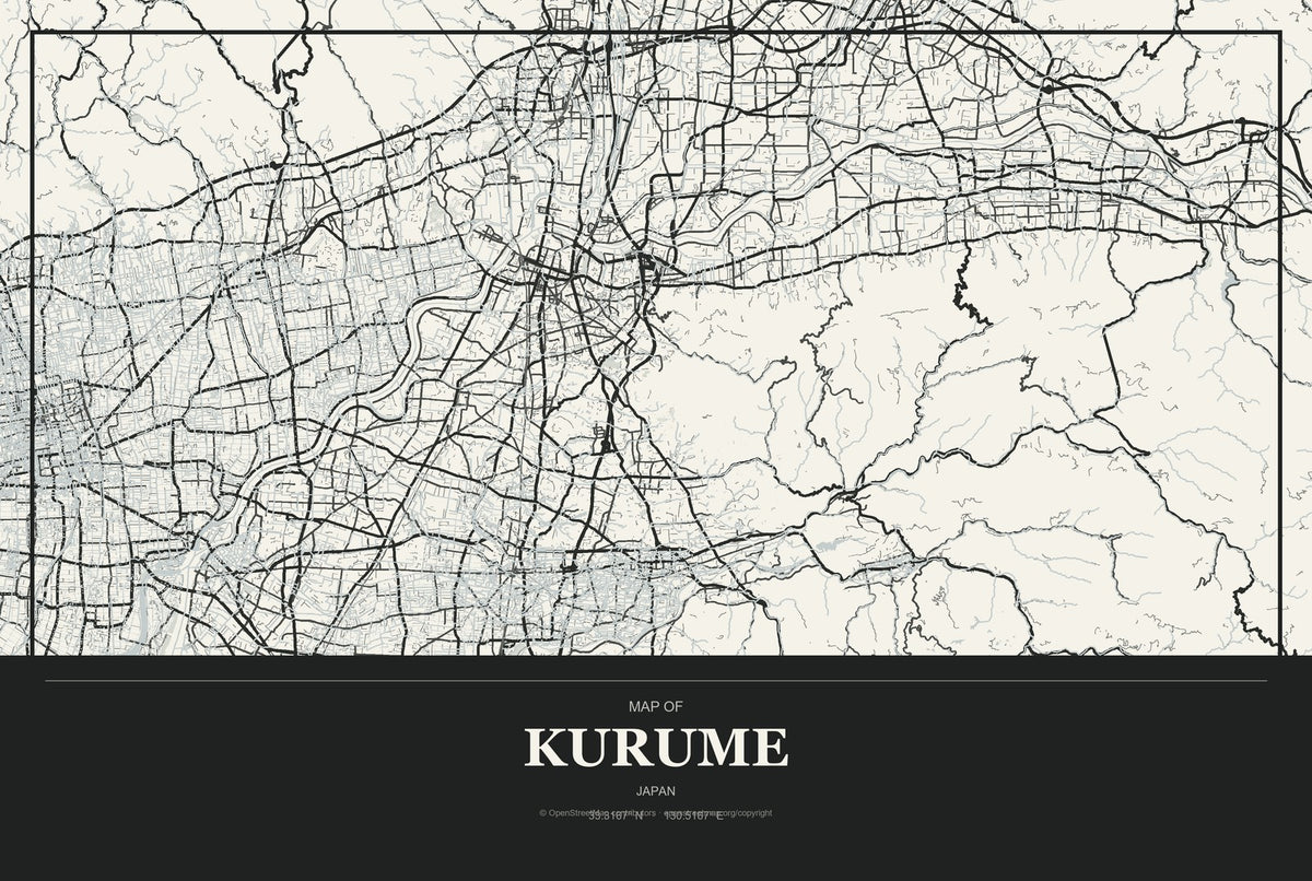 Kurume, Japan City Map Aluminum Sign in Museum Plaque style