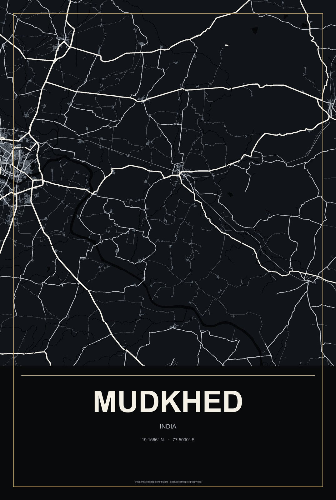 Mudkhed, India City Map Aluminum Sign in Metropolitan Noir style
