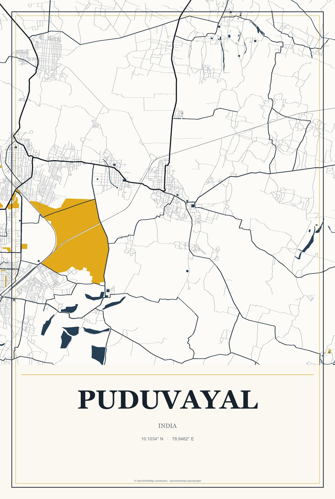 Puduvayal, India City Map Aluminum Sign in Citrine Modern style