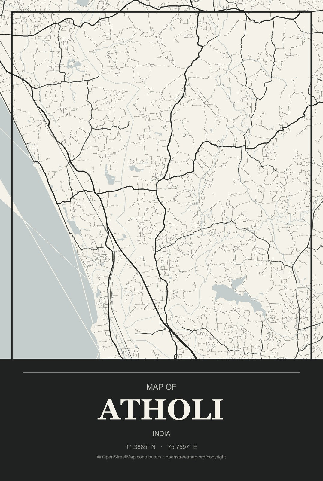 Atholi, India City Map Aluminum Sign in Museum Plaque style