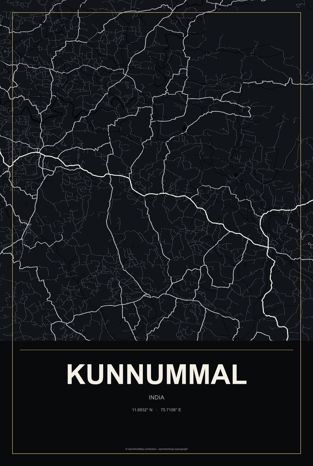 Kunnummal, India City Map Aluminum Sign in Metropolitan Noir style