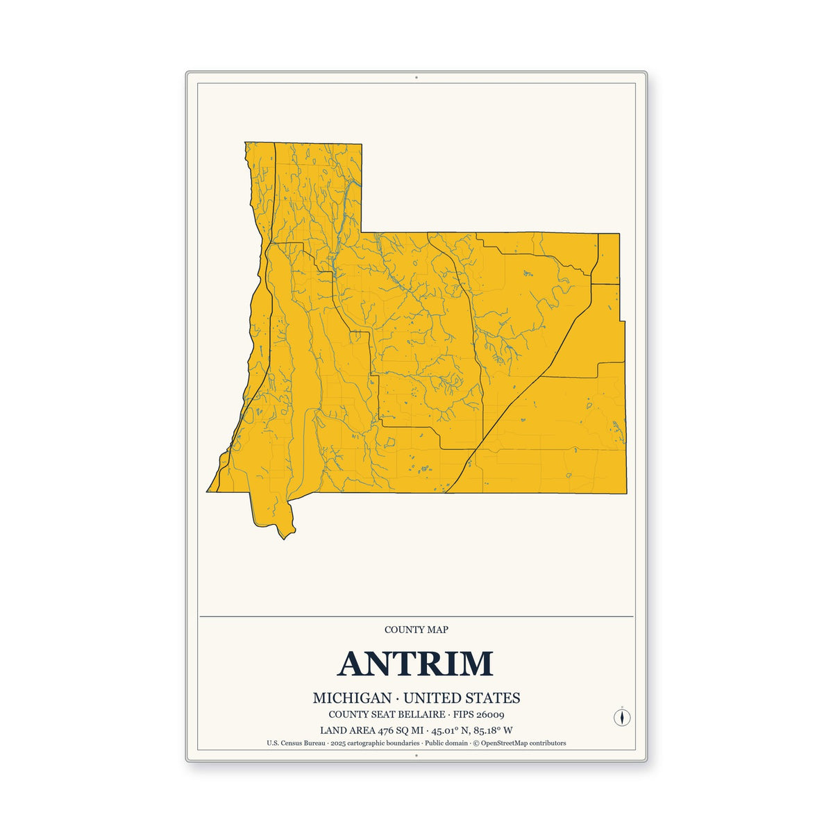 Antrim County, Michigan Map Aluminum Sign in Citrine Modern style