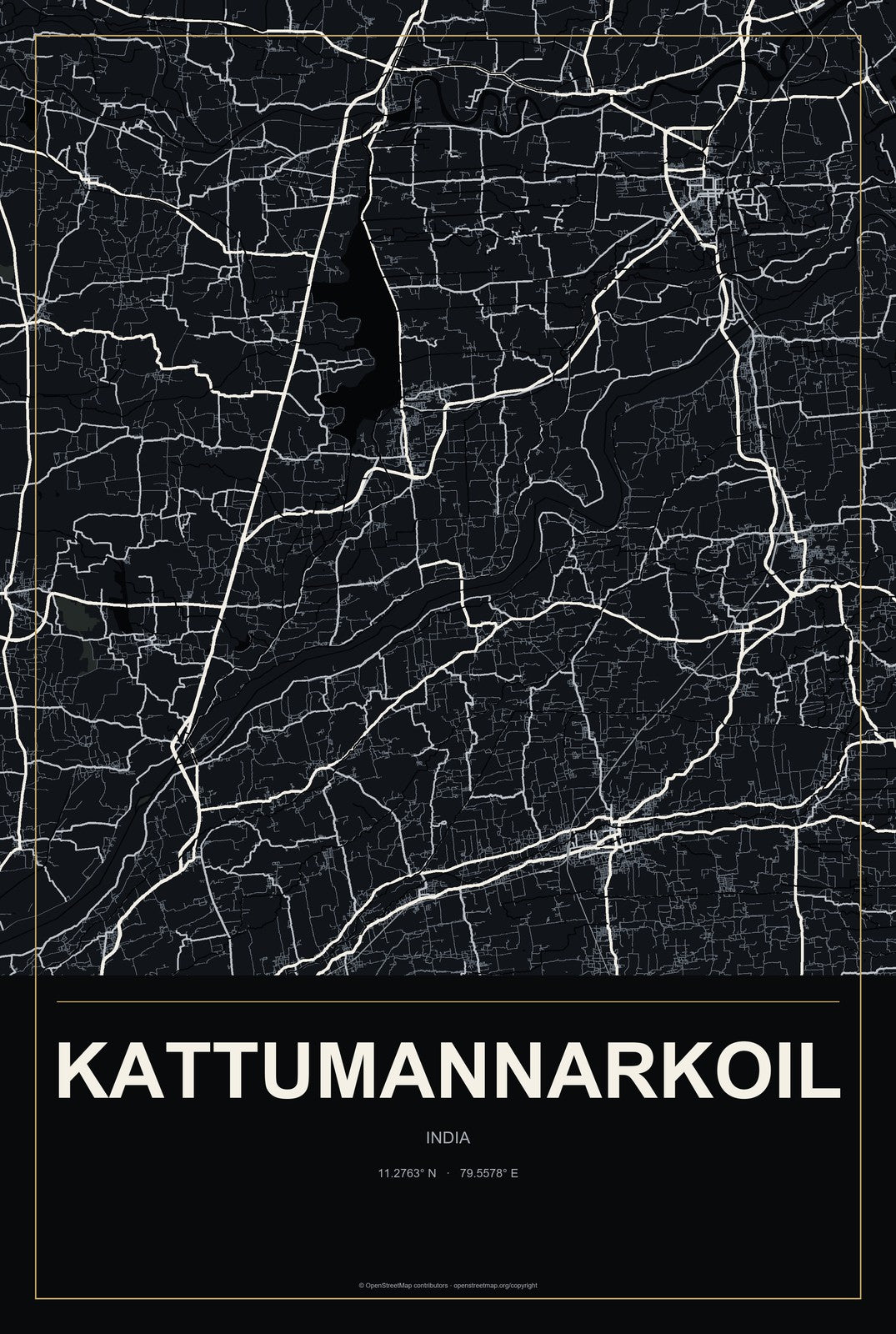 Kattumannarkoil, India City Map Aluminum Sign in Metropolitan Noir style