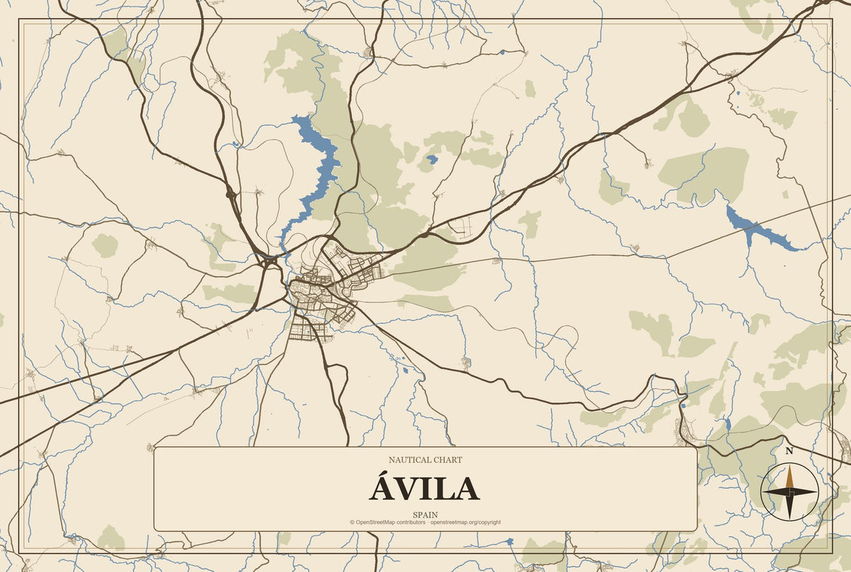 Ávila, Spain City Map Aluminum Sign in Heritage Nautical style
