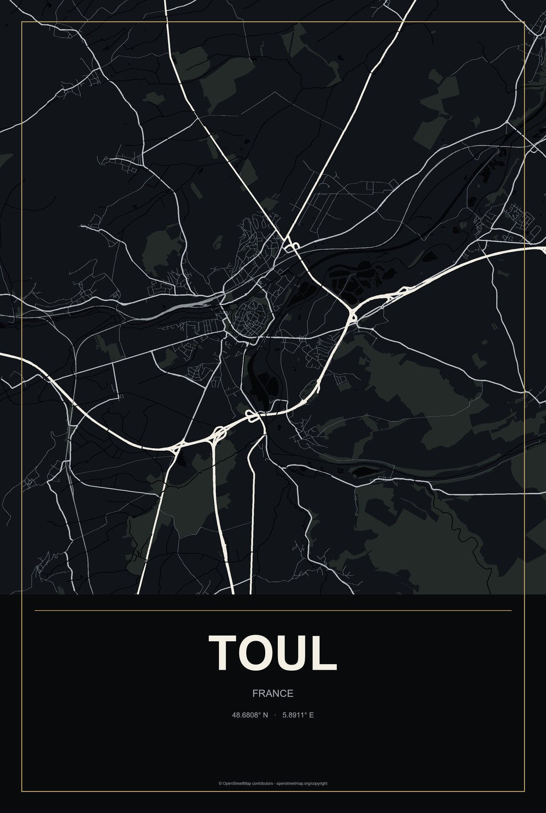 Toul, France City Map Aluminum Sign in Metropolitan Noir style