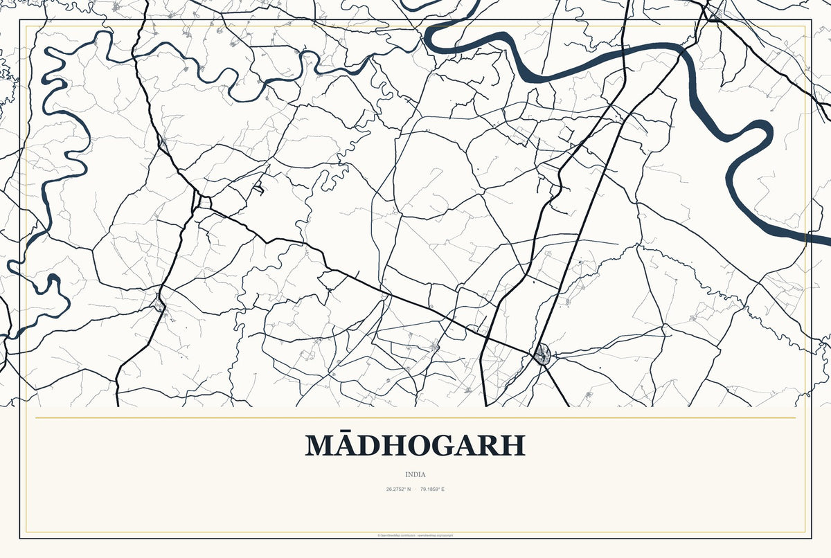 Mādhogarh, India City Map Aluminum Sign in Citrine Modern style