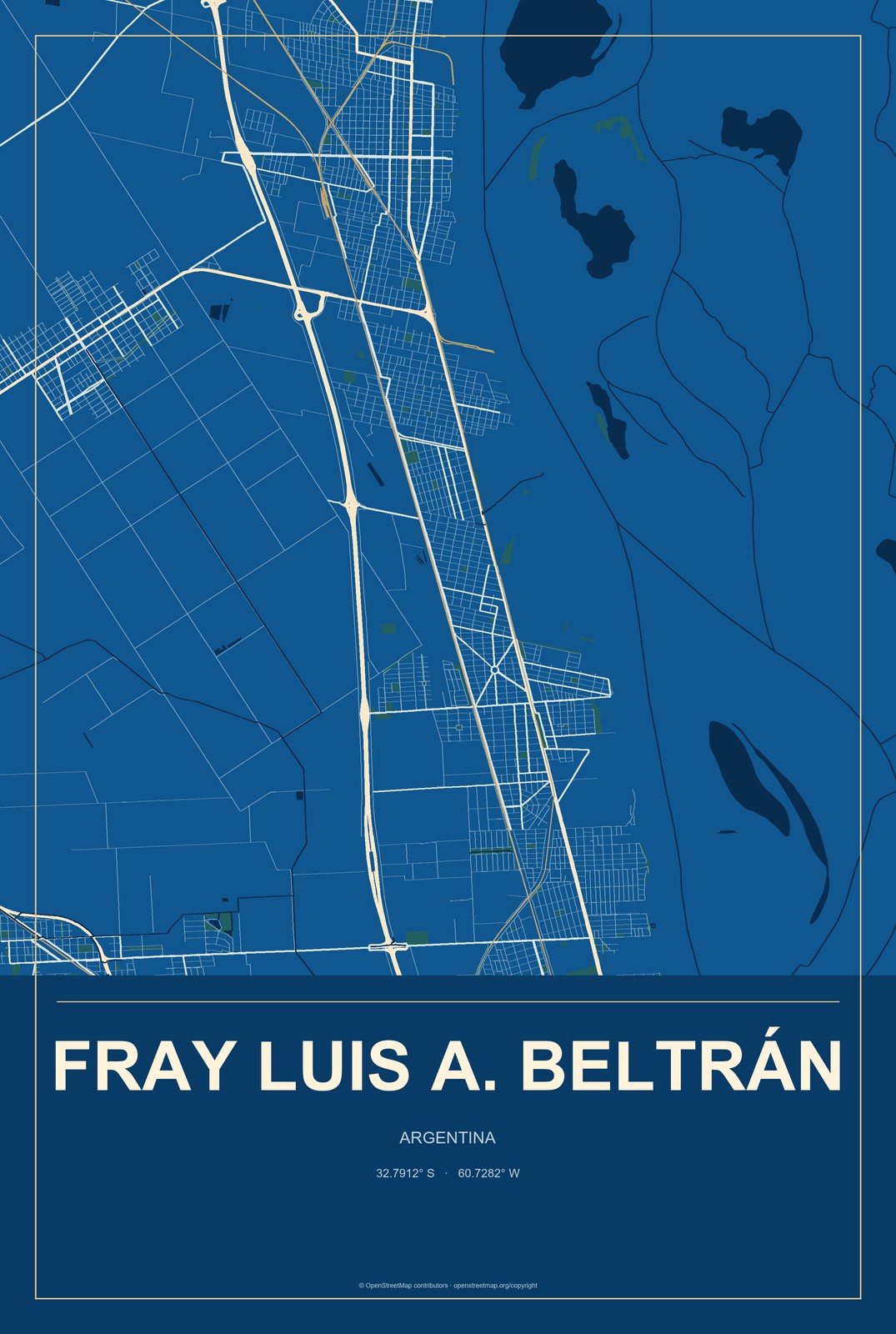 Fray Luis A. Beltrán, Argentina City Map Aluminum Sign in Harbor Cobalt style