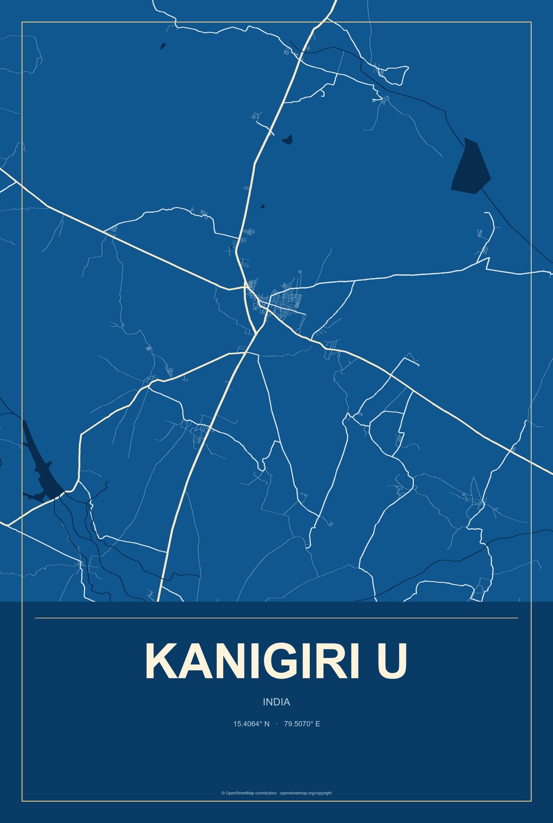 Kanigiri U, India City Map Aluminum Sign in Harbor Cobalt style