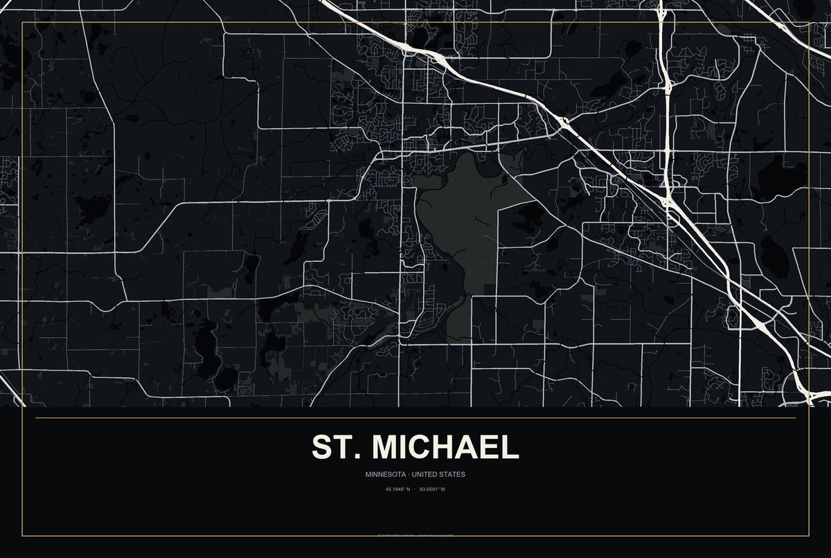St. Michael, Minnesota City Map Aluminum Sign in Metropolitan Noir style