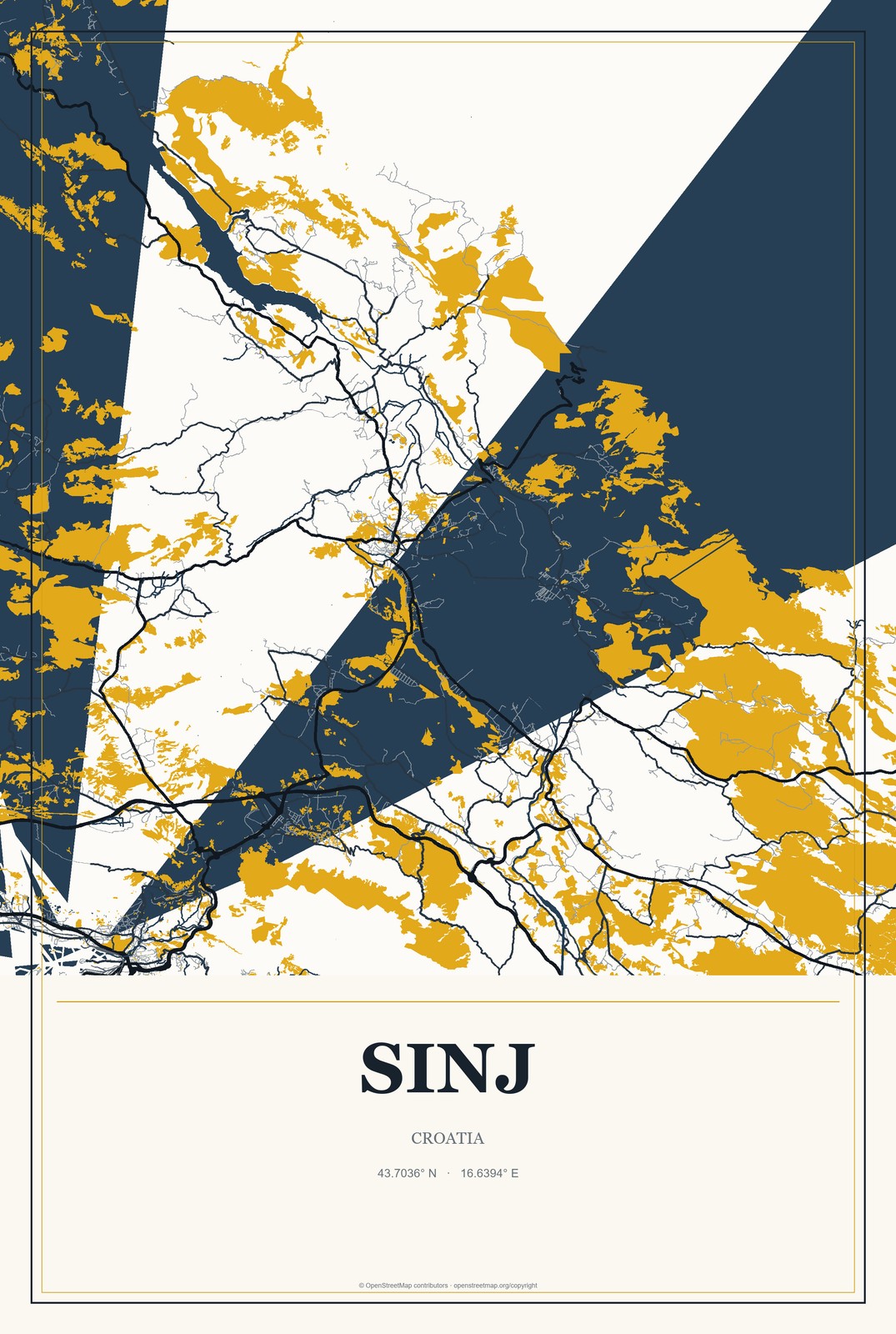 Sinj, Croatia City Map Aluminum Sign in Citrine Modern style