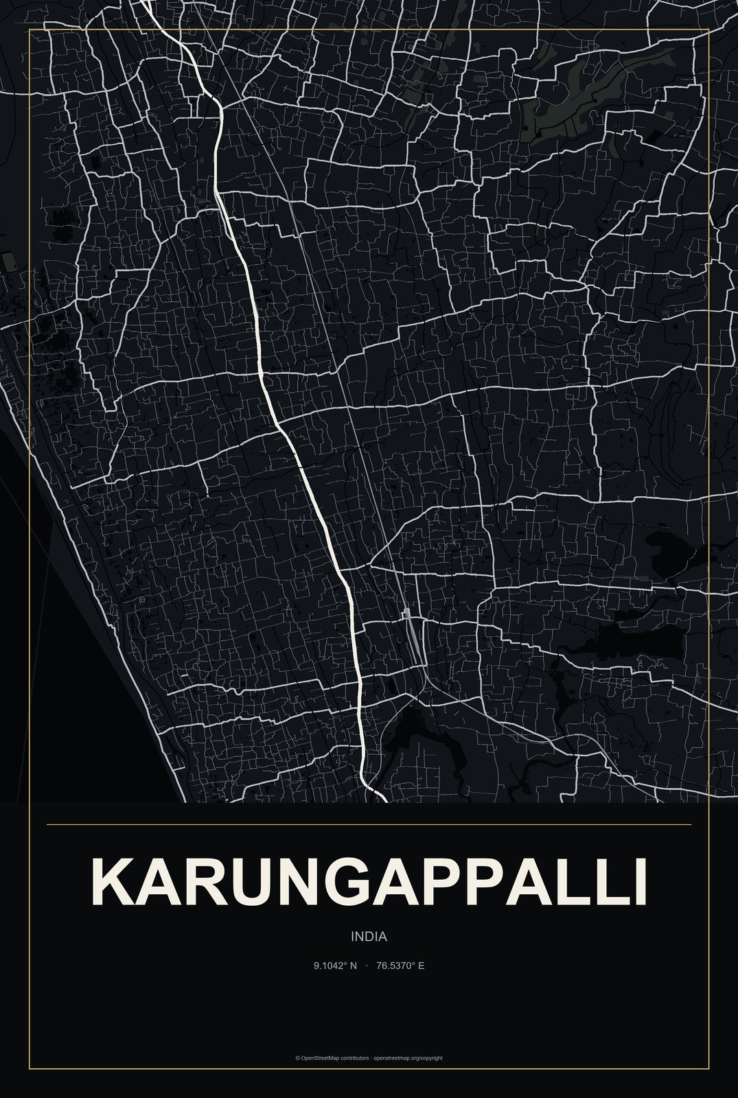Karungappalli, India City Map Aluminum Sign in Metropolitan Noir style
