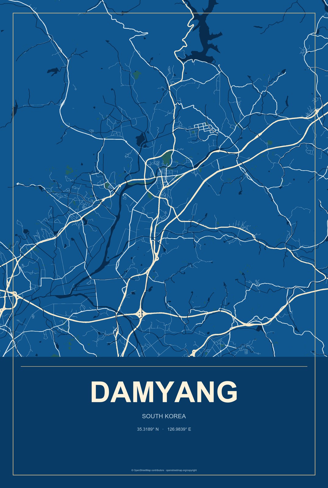 Damyang, South Korea City Map Aluminum Sign in Harbor Cobalt style