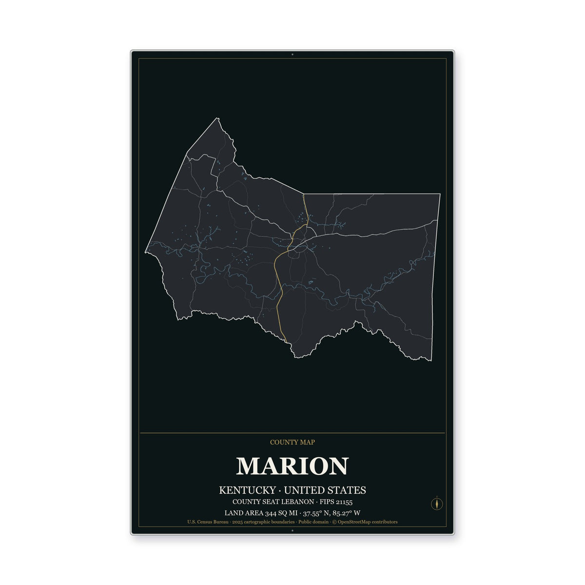 Marion County, Kentucky Map Aluminum Sign in Metropolitan Noir style