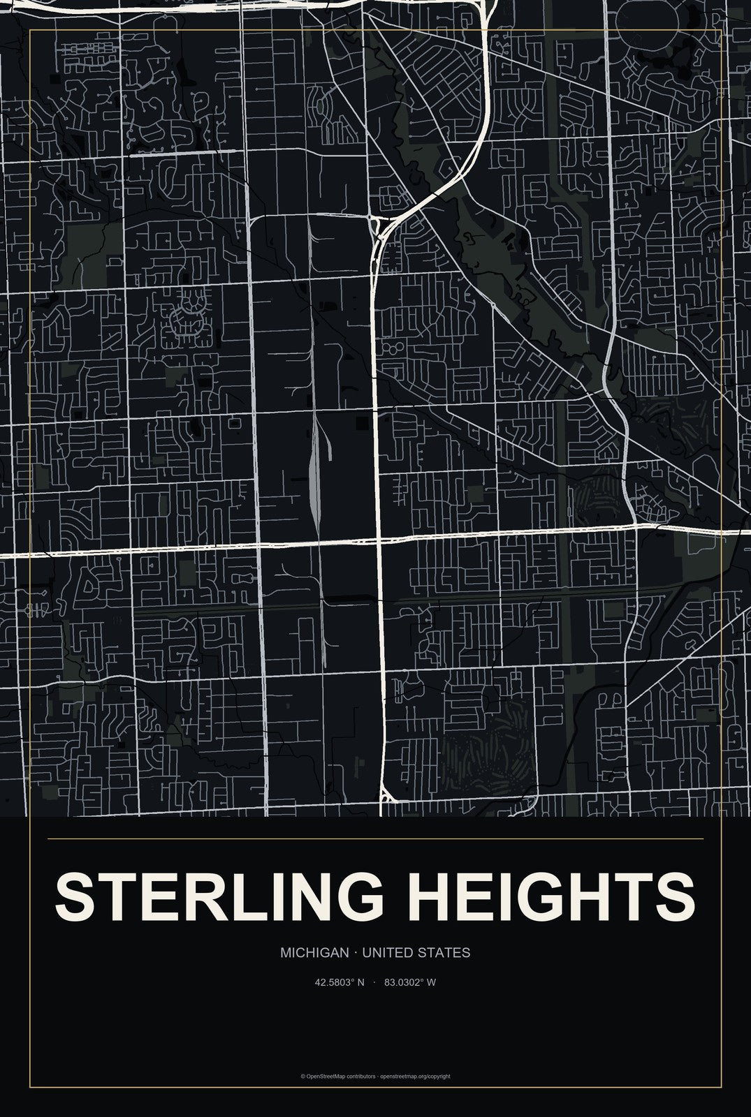 Sterling Heights, Michigan City Map Aluminum Sign in Metropolitan Noir style