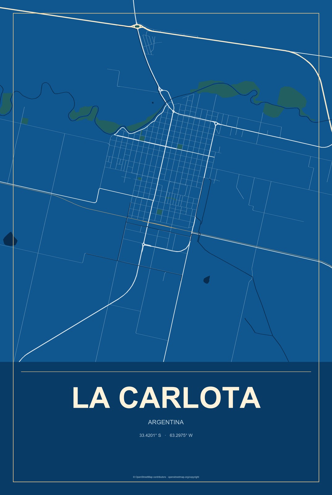 La Carlota, Argentina City Map Aluminum Sign in Harbor Cobalt style