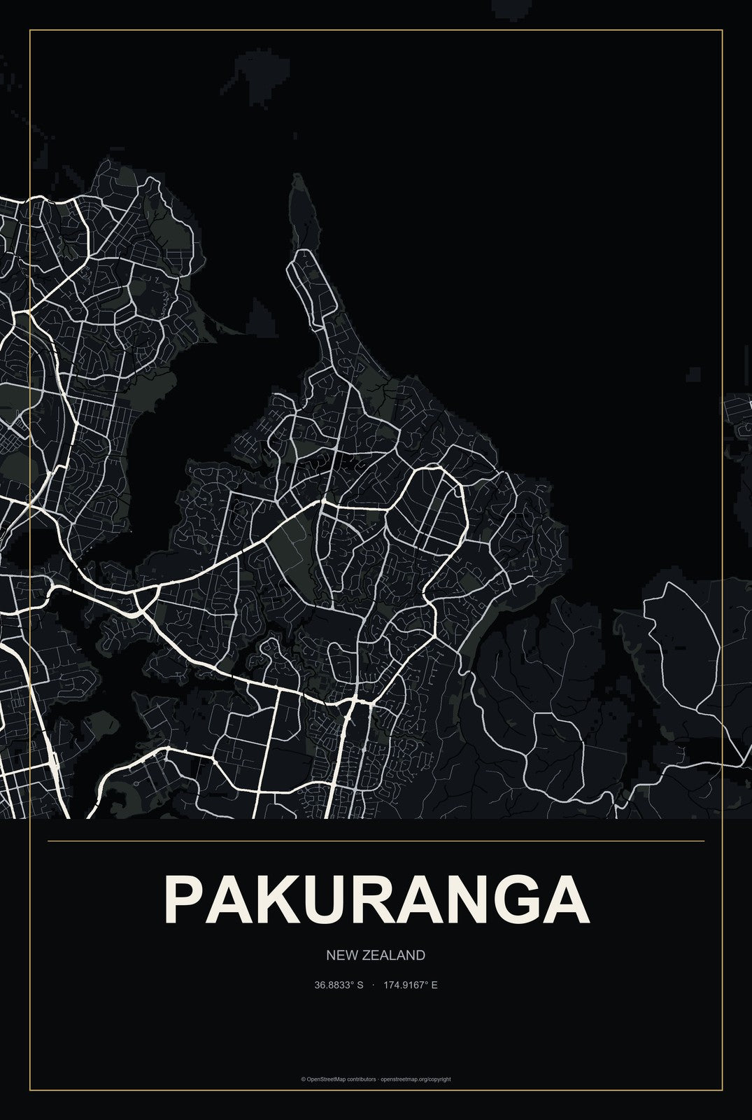 Pakuranga, New Zealand City Map Aluminum Sign in Metropolitan Noir style