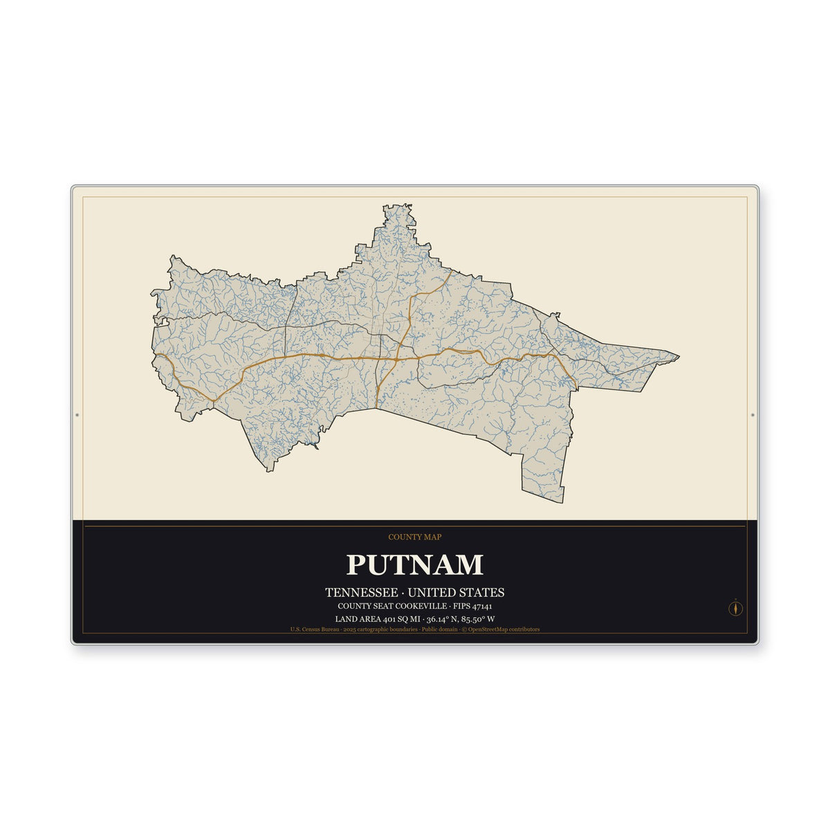 Putnam County, Tennessee Map Aluminum Sign in Museum Plaque style