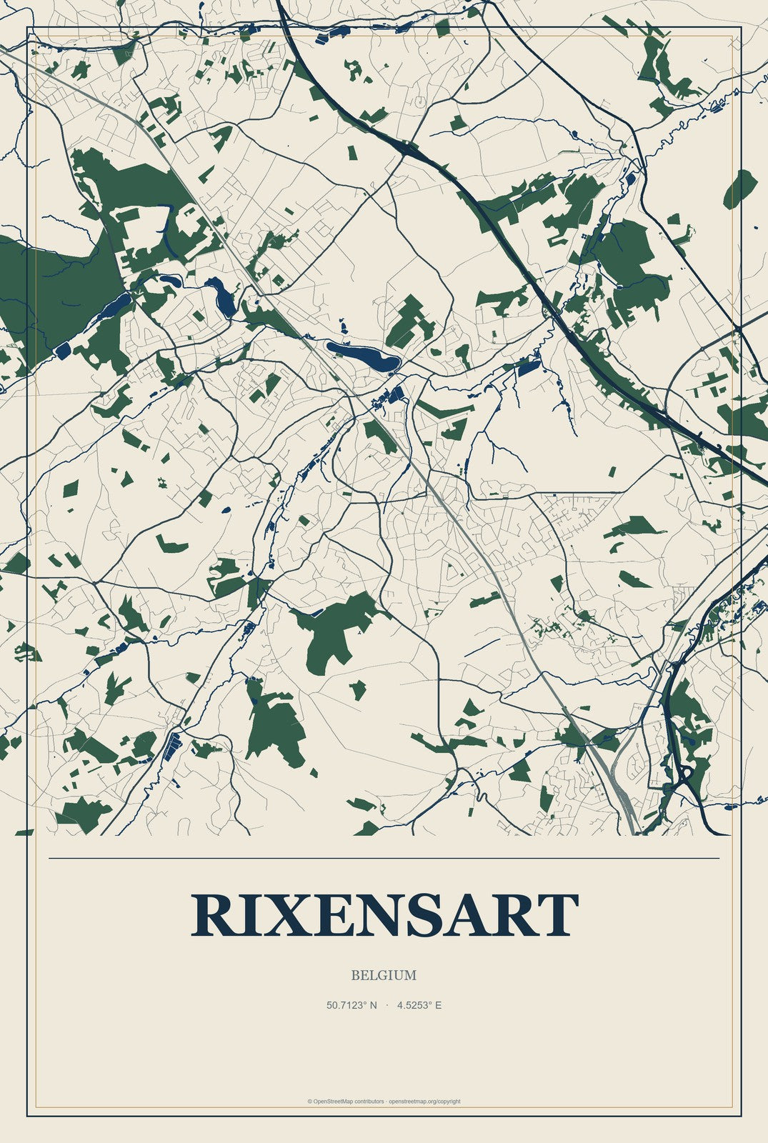 Rixensart, Belgium City Map Aluminum Sign in Coastal Cutout style