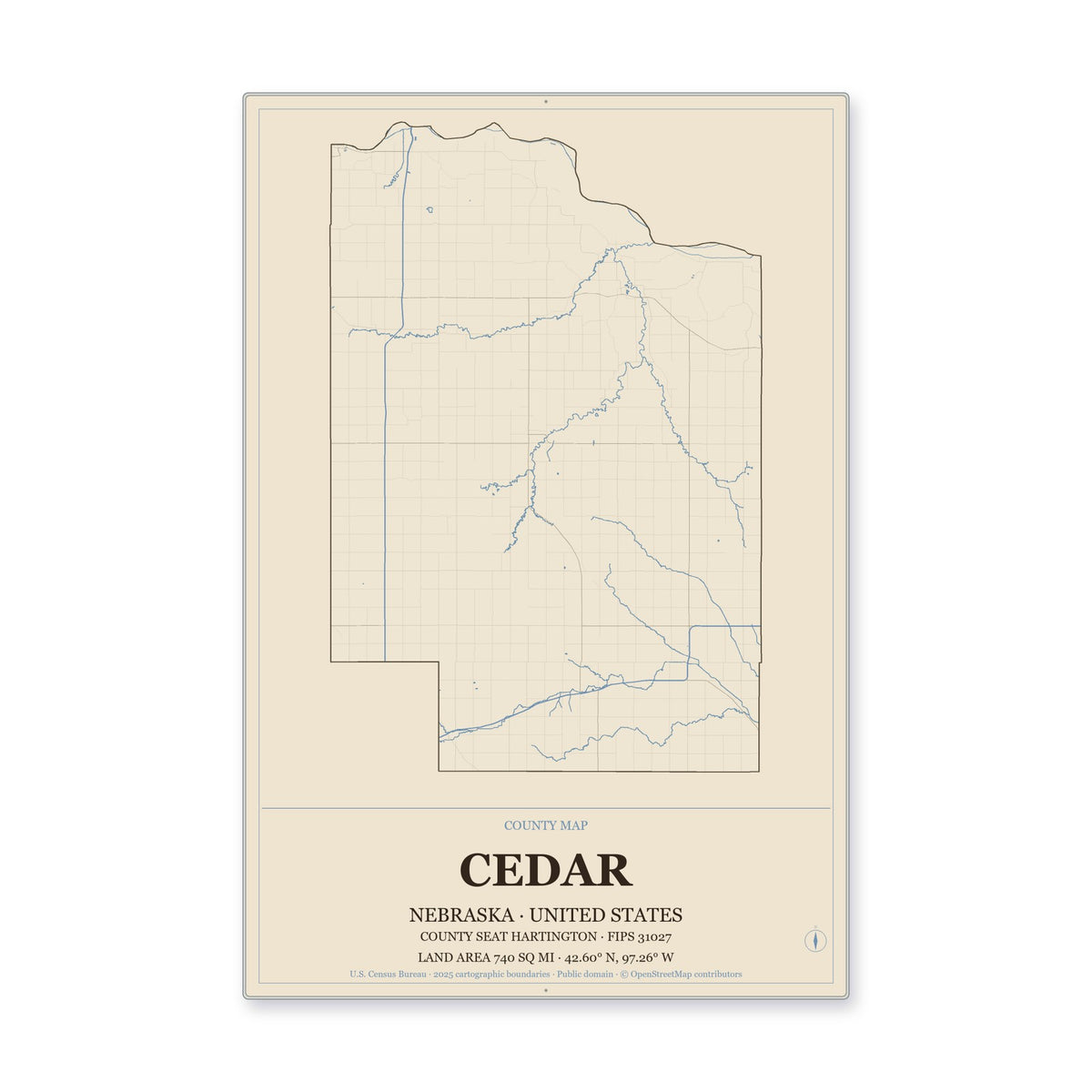 Cedar County, Nebraska Map Aluminum Sign in Heritage Nautical style