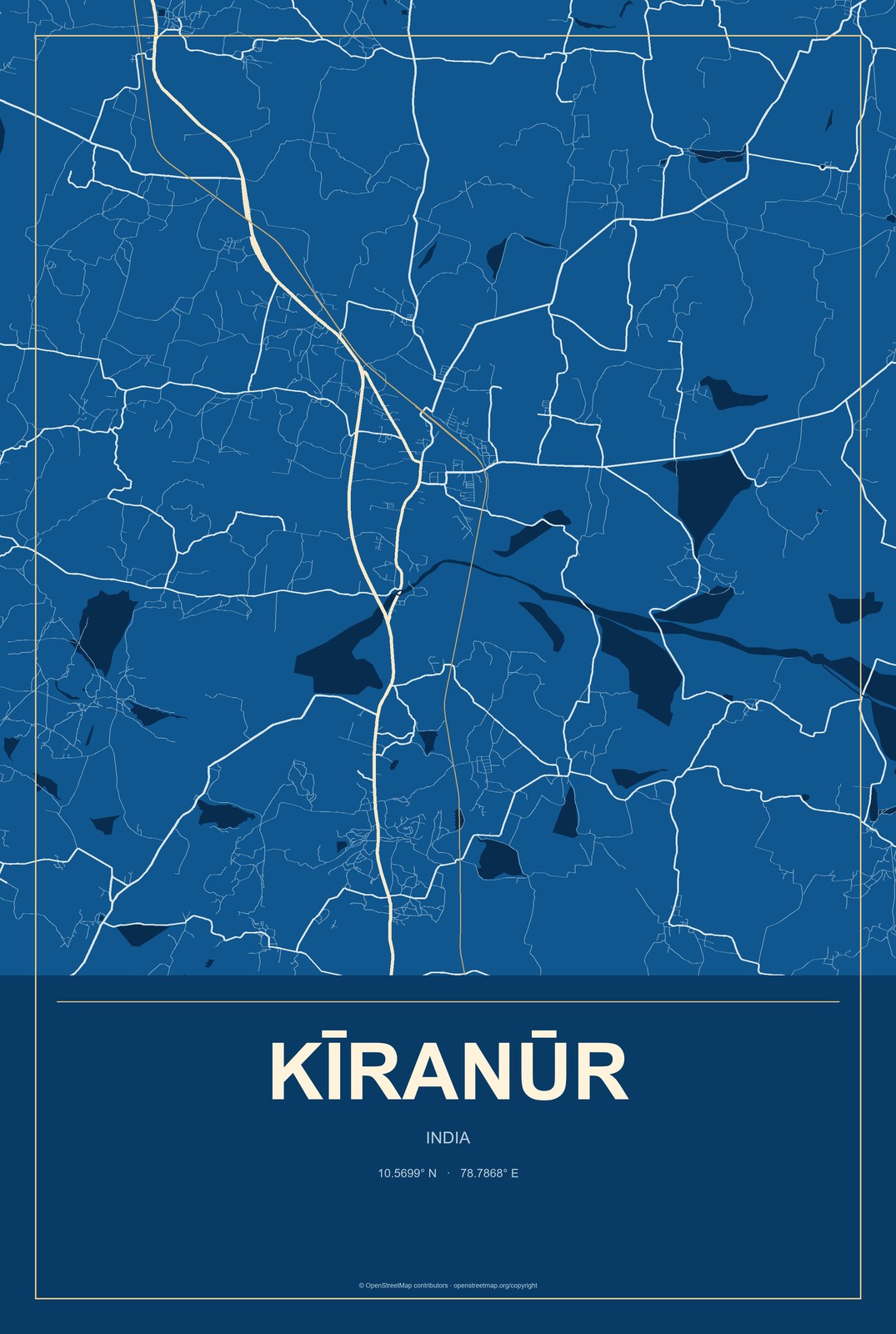 Kīranūr, India City Map Aluminum Sign in Harbor Cobalt style
