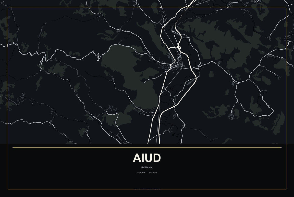 Aiud, Romania City Map Aluminum Sign in Metropolitan Noir style