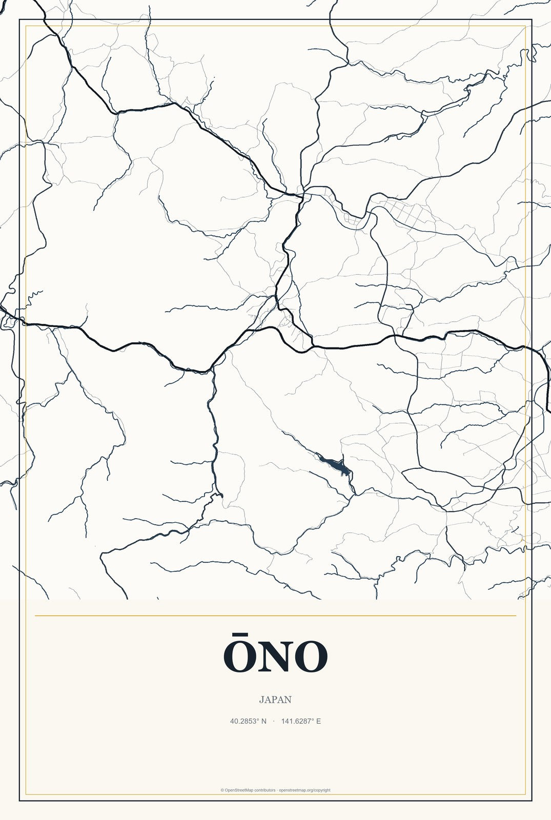 Ōno, Japan City Map Aluminum Sign in Citrine Modern style