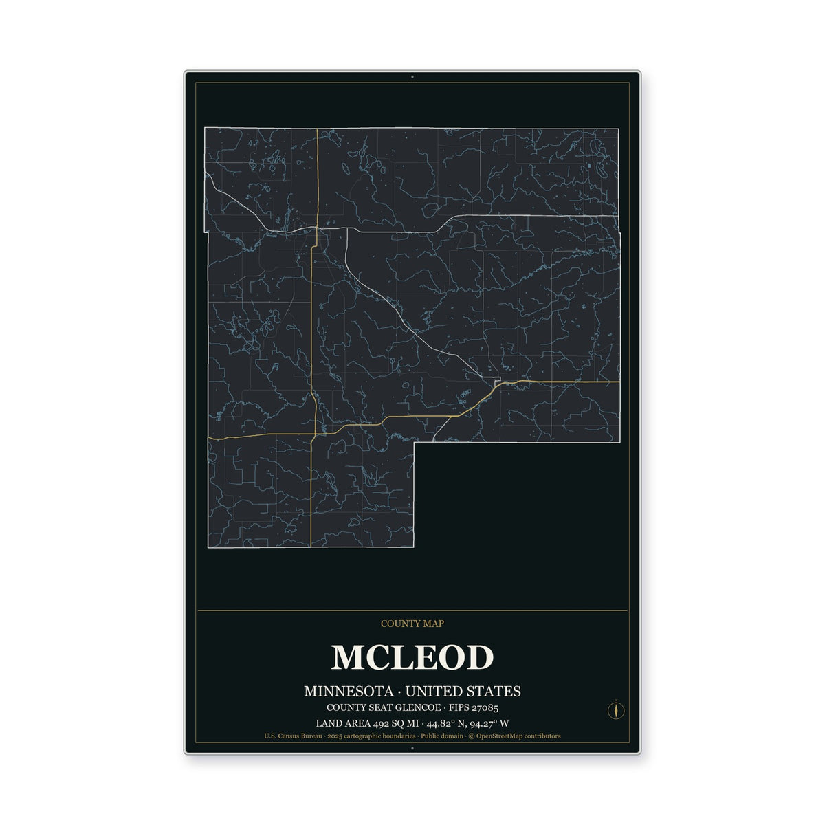McLeod County, Minnesota Map Aluminum Sign in Metropolitan Noir style