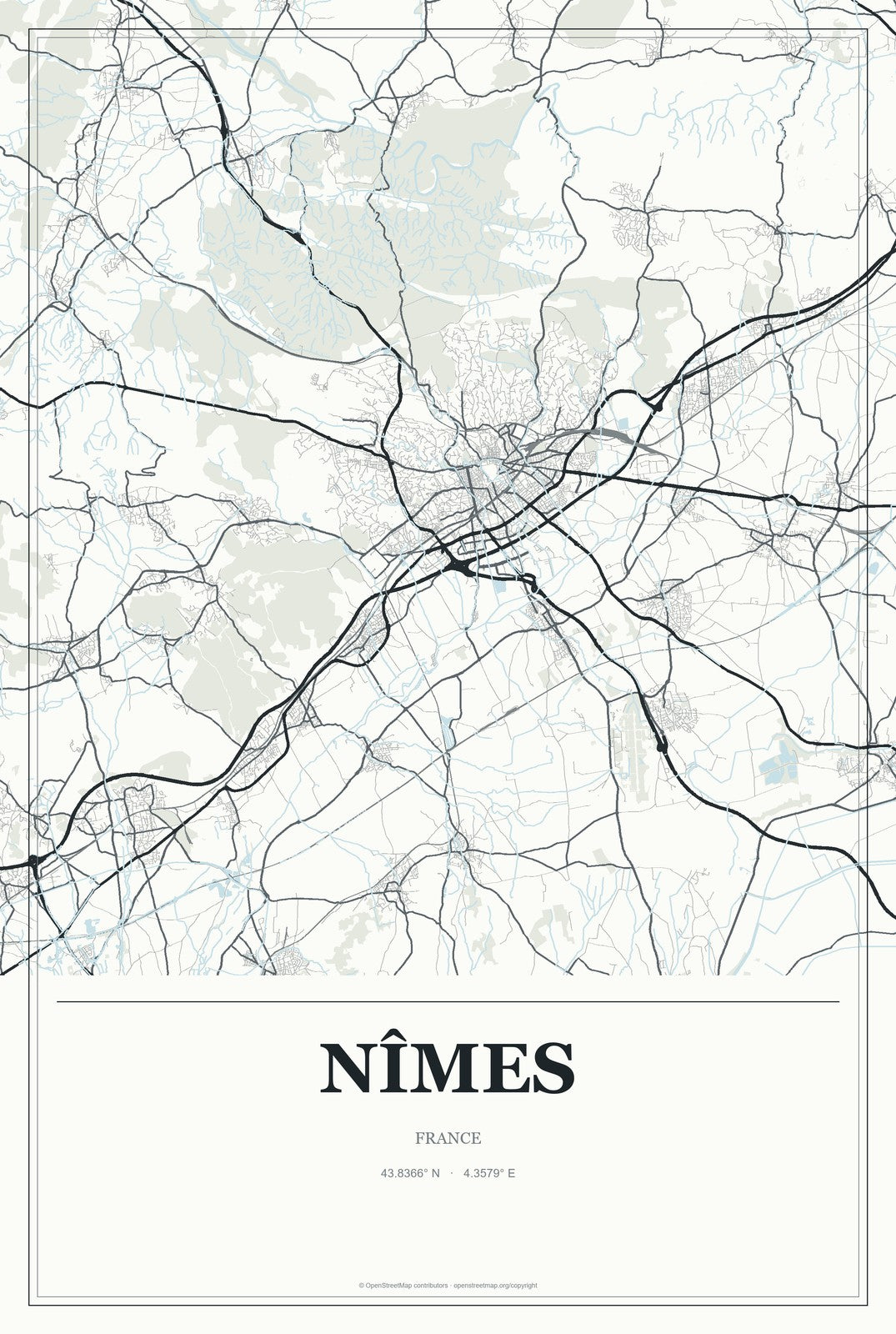 Nîmes, France City Map Aluminum Sign in Gallery Air style