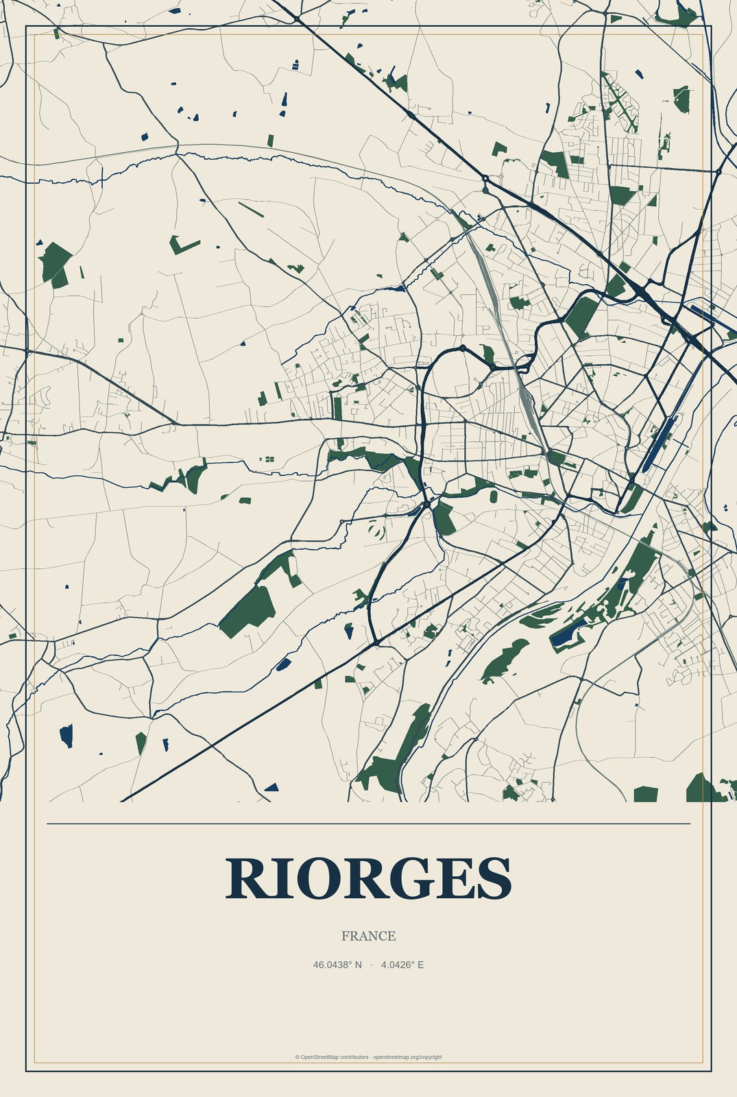 Riorges, France City Map Aluminum Sign in Coastal Cutout style