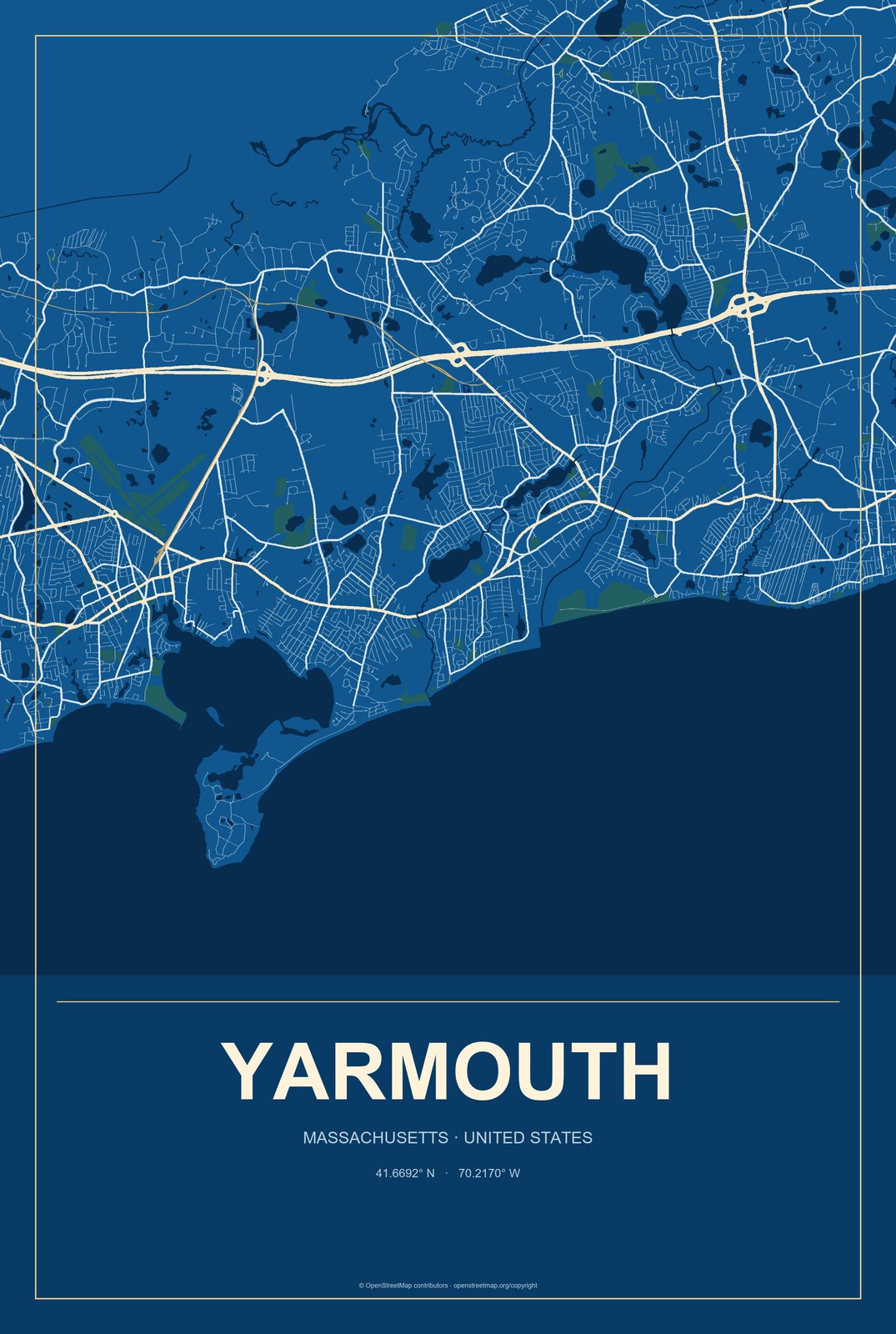 Yarmouth, Massachusetts City Map Aluminum Sign in Harbor Cobalt style