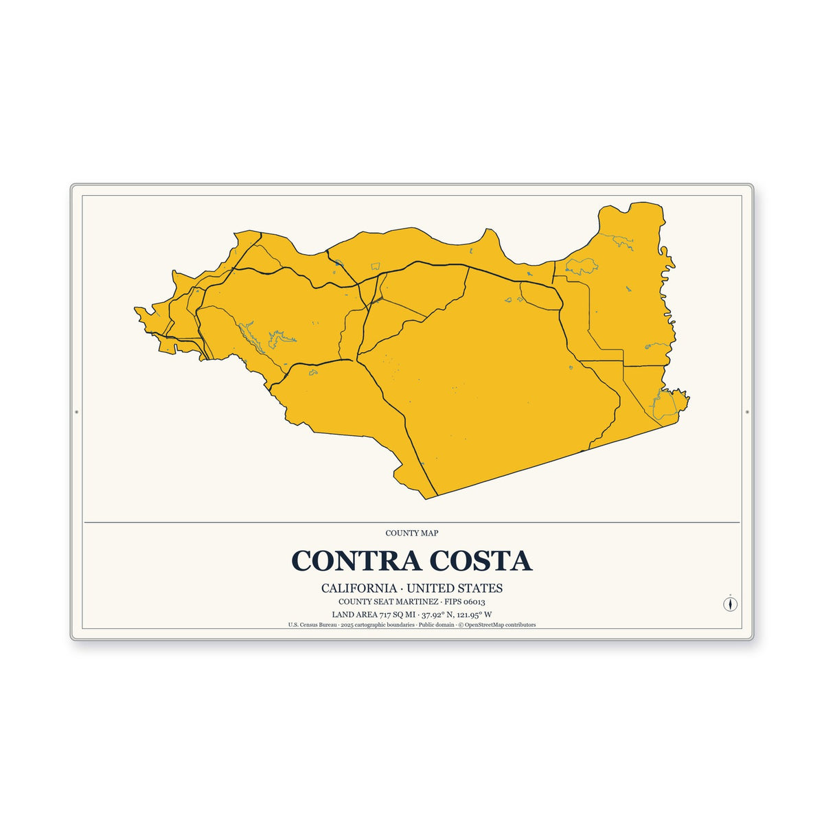 Contra Costa County, California Map Aluminum Sign in Citrine Modern style