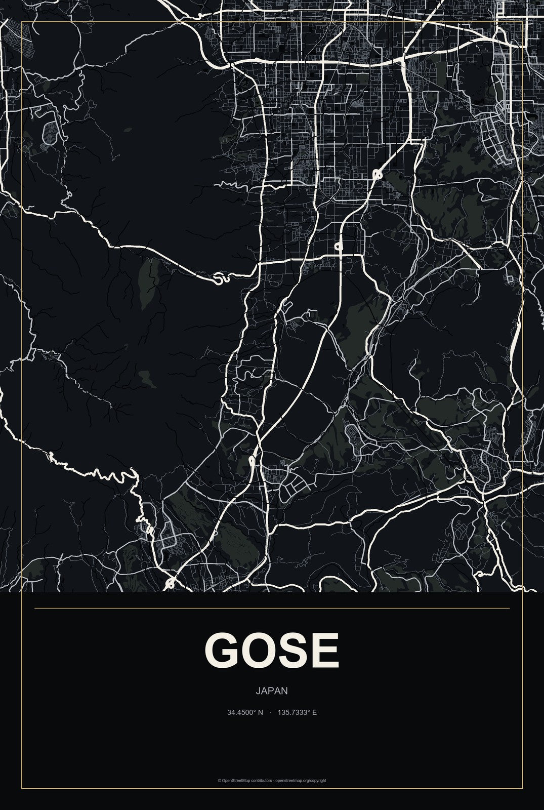 Gose, Japan City Map Aluminum Sign in Metropolitan Noir style