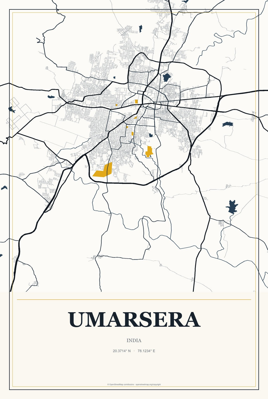 Umarsera, India City Map Aluminum Sign in Citrine Modern style