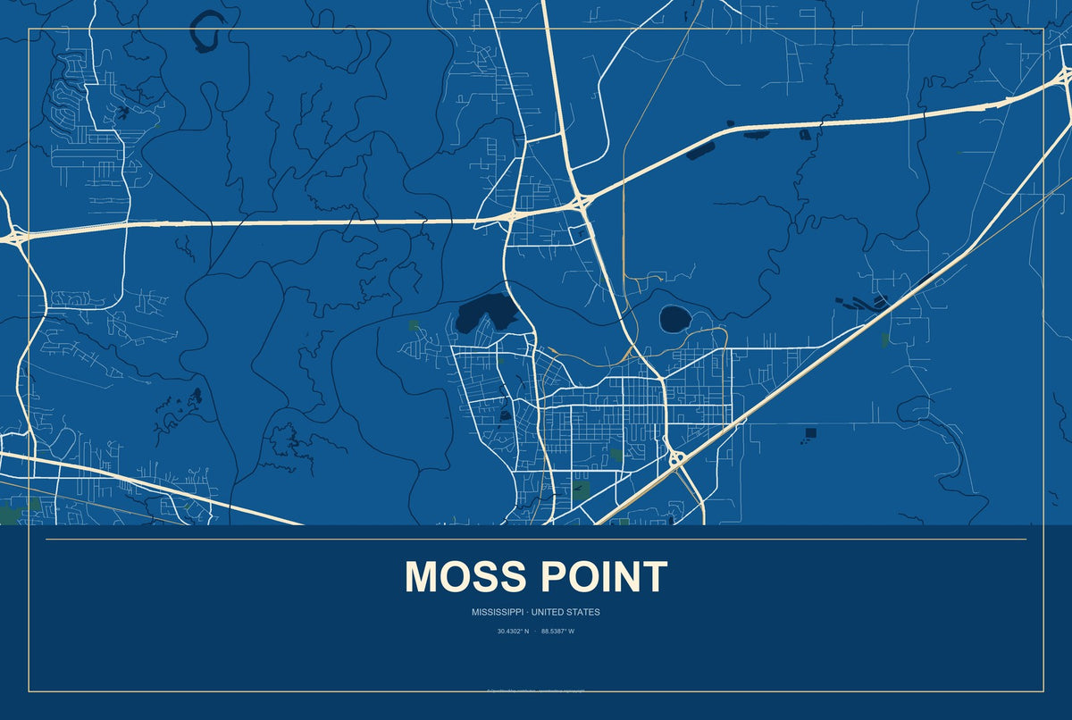 Moss Point, Mississippi City Map Aluminum Sign in Harbor Cobalt style