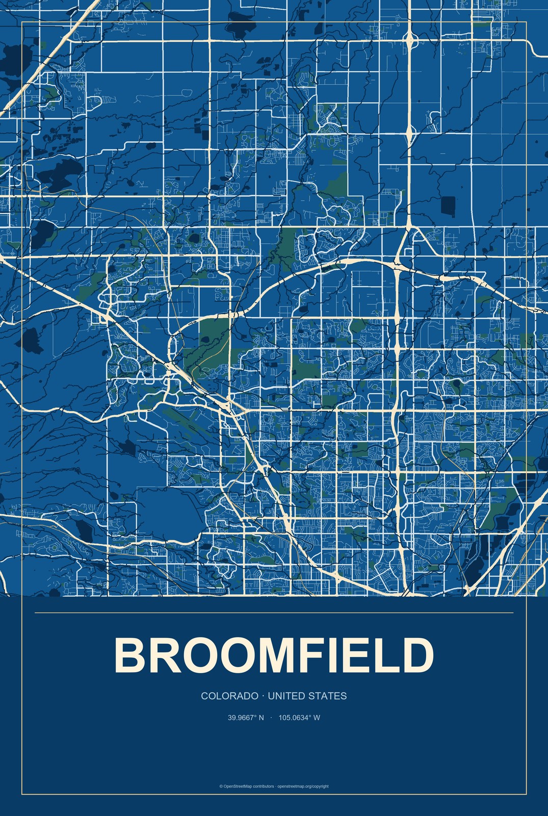 Broomfield, Colorado City Map Aluminum Sign in Harbor Cobalt style